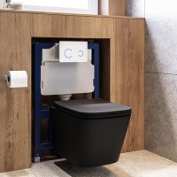Matt Black Wall Hung Toilet with Soft Close Seat, White Glass Sensor Flush Plate, 820mm Frame & Cistern - Albi Matt Black Wall Hung Toilet with Soft Close Seat, White Glass Sensor Flush Plate, 820mm Frame & Cistern - Albi