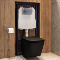 Matt Black Wall Hung Toilet with Soft Close Seat, Chrome Pneumatic Flush Plate, 1160mm Frame & Cistern - Albi Matt Black Wall Hung Toilet with Soft Close Seat, Chrome Pneumatic Flush Plate, 1160mm Frame & Cistern - Albi