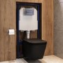 Matt Black Wall Hung Toilet with Soft Close Seat, Chrome Pneumatic Flush Plate, 1160mm Frame & Cistern - Albi