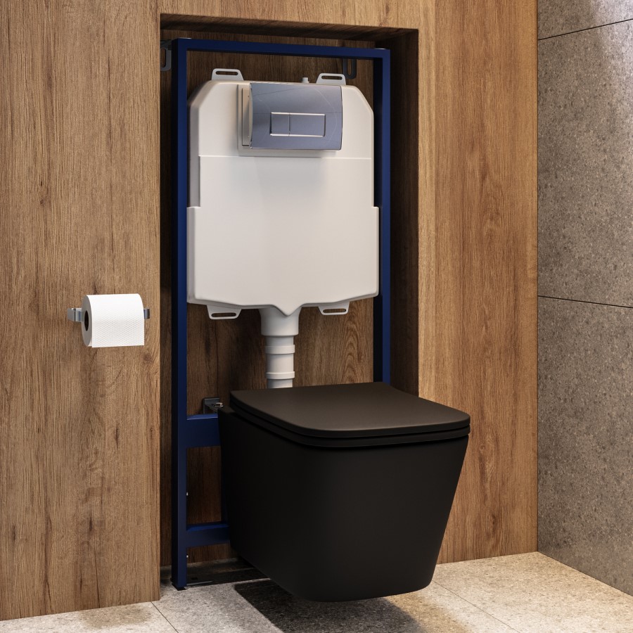 Matt Black Wall Hung Toilet with Soft Close Seat, Chrome Pneumatic Flush Plate, 1160mm Frame & Cistern - Albi