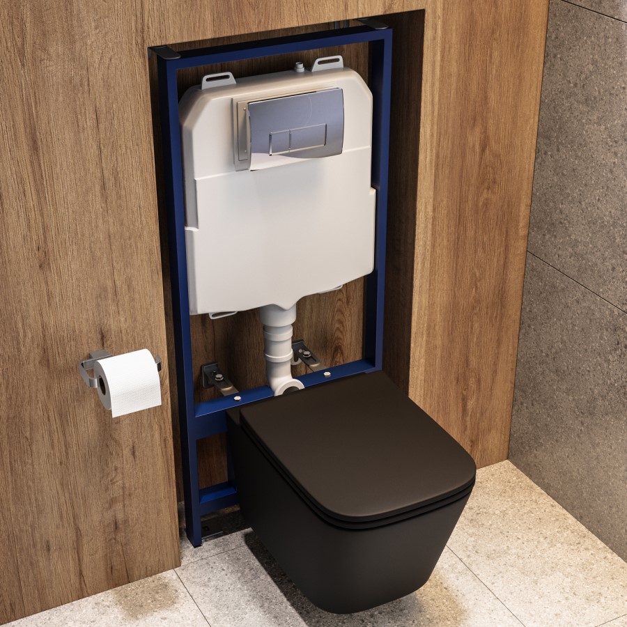 Matt Black Wall Hung Toilet with Soft Close Seat, Chrome Pneumatic Flush Plate, 1160mm Frame & Cistern - Albi