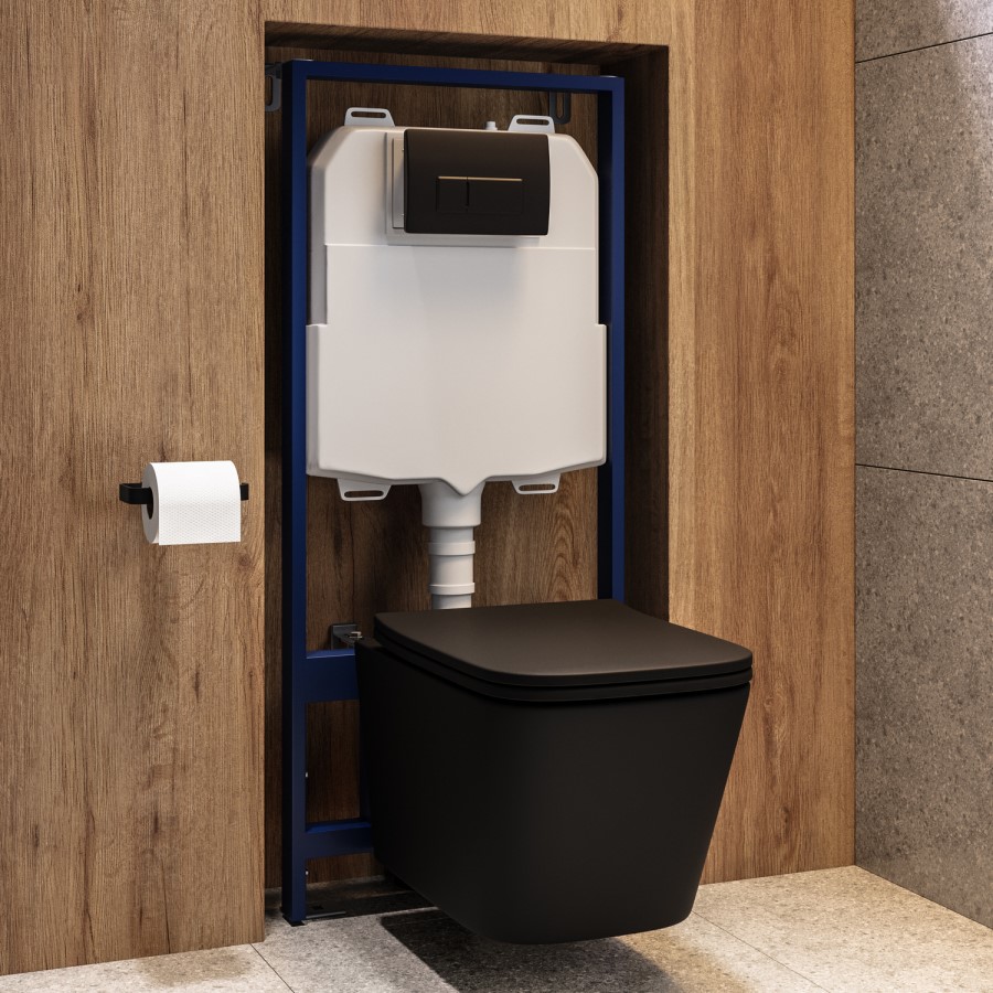 Matt Black Wall Hung Toilet with Soft Close Seat, Black Pneumatic Flush Plate, 1160mm Frame & Cistern - Albi
