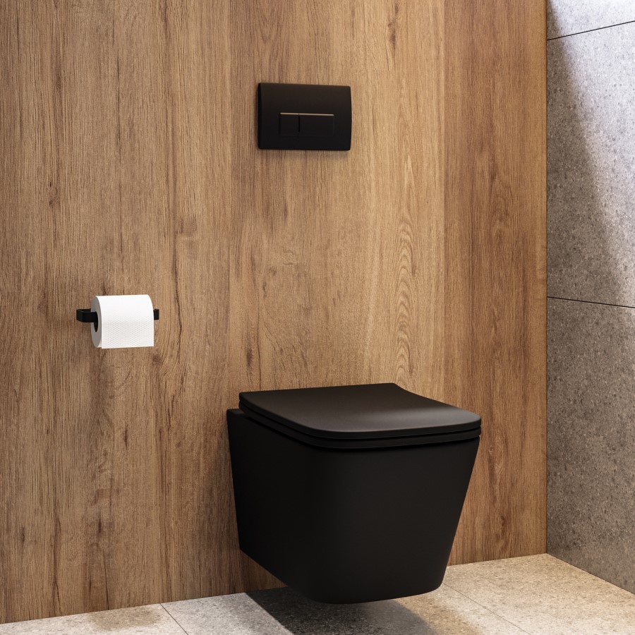 Matt Black Wall Hung Toilet with Soft Close Seat, Black Pneumatic Flush Plate, 1160mm Frame & Cistern - Albi