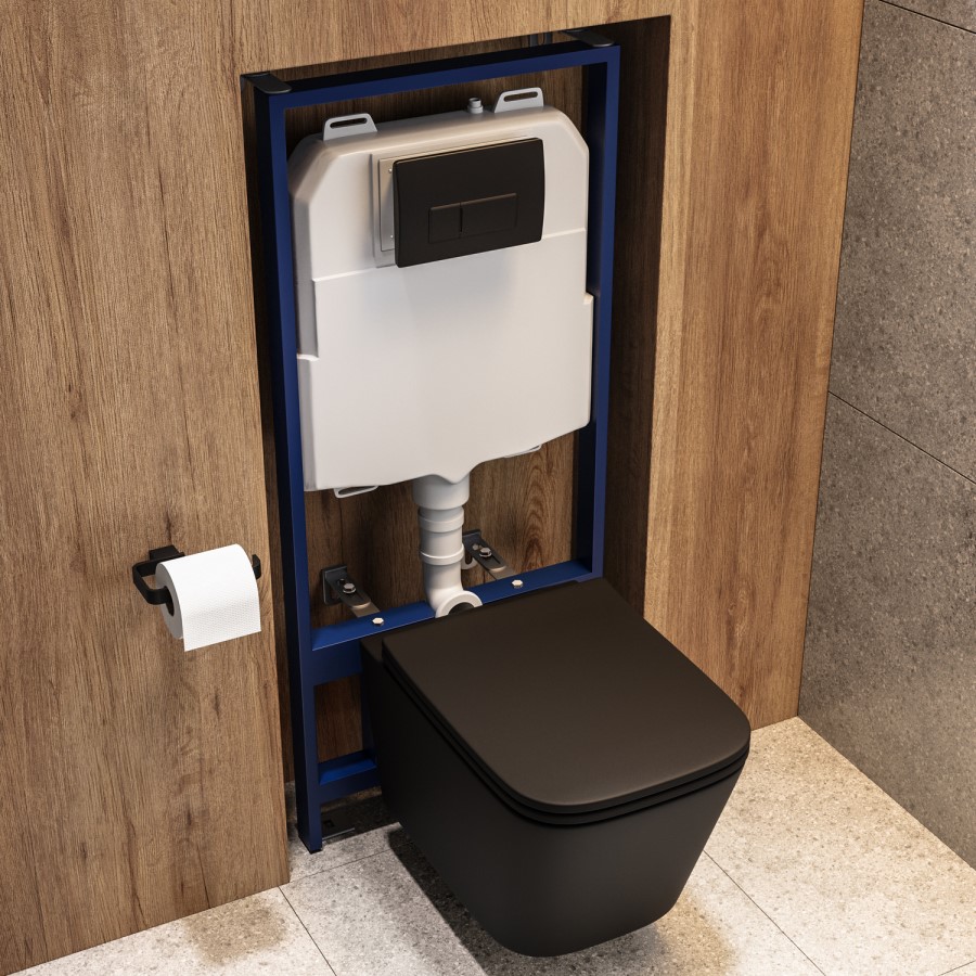 Matt Black Wall Hung Toilet with Soft Close Seat, Black Pneumatic Flush Plate, 1160mm Frame & Cistern - Albi