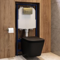 Matt Black Wall Hung Toilet with Soft Close Seat, Brass Pneumatic Flush Plate, 1160mm Frame & Cistern - Albi Matt Black Wall Hung Toilet with Soft Close Seat, Brass Pneumatic Flush Plate, 1160mm Frame & Cistern - Albi