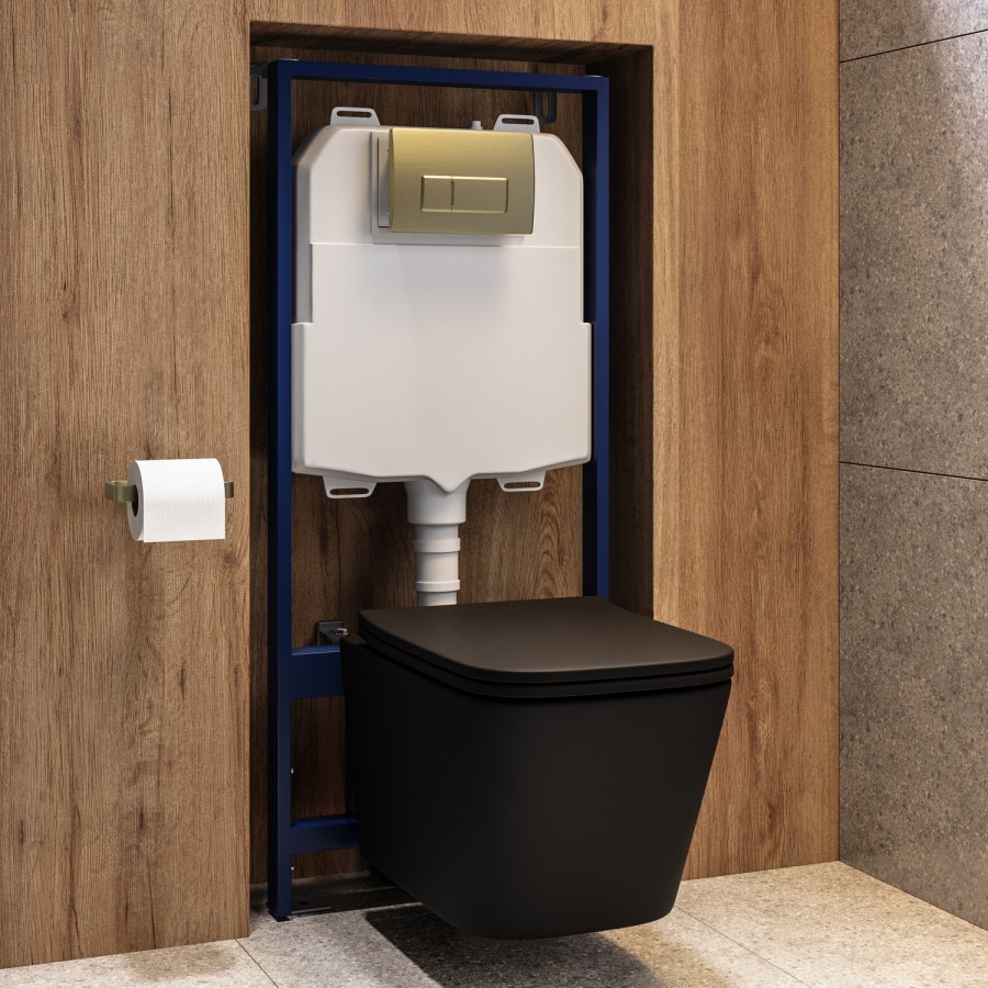Matt Black Wall Hung Toilet with Soft Close Seat, Brass Pneumatic Flush Plate, 1160mm Frame & Cistern - Albi