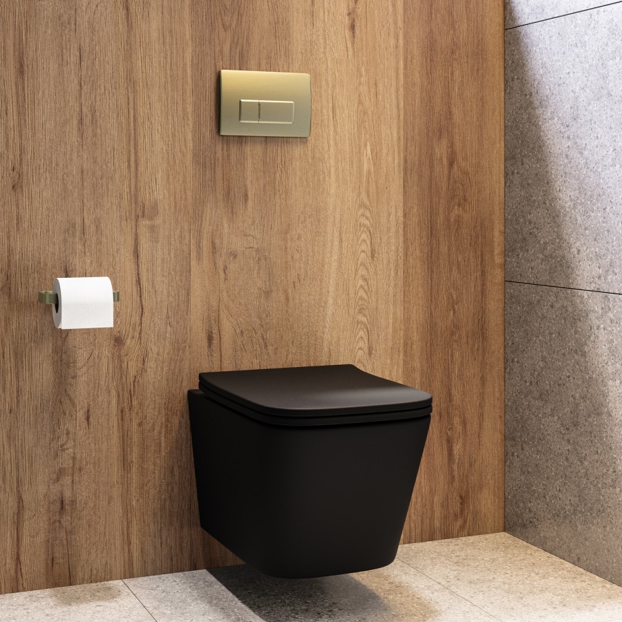 Matt Black Wall Hung Toilet with Soft Close Seat, Brass Pneumatic Flush Plate, 1160mm Frame & Cistern - Albi