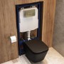 Matt Black Wall Hung Toilet with Soft Close Seat, Brass Pneumatic Flush Plate, 1160mm Frame & Cistern - Albi