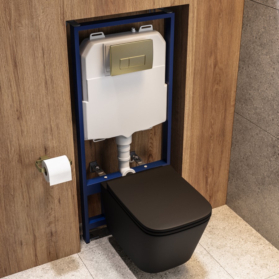 Matt Black Wall Hung Toilet with Soft Close Seat, Brass Pneumatic Flush Plate, 1160mm Frame & Cistern - Albi