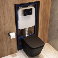 Matt Black Wall Hung Toilet with Soft Close Seat, Black Glass Sensor Flush Plate, 1160mm Frame & Cistern - Albi Matt Black Wall Hung Toilet with Soft Close Seat, Black Glass Sensor Flush Plate, 1160mm Frame & Cistern - Albi