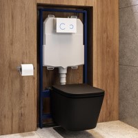 Matt Black Wall Hung Toilet with Soft Close Seat, White Glass Sensor Flush Plate, 1160mm Frame & Cistern - Albi Matt Black Wall Hung Toilet with Soft Close Seat, White Glass Sensor Flush Plate, 1160mm Frame & Cistern - Albi