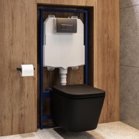 Matt Black Wall Hung Toilet with Soft Close Seat, Gunmetal Pneumatic Flush Plate, 1160mm Frame & Cistern - Albi