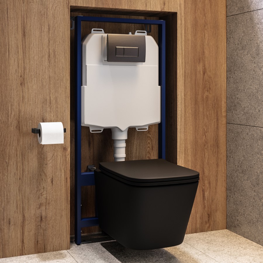 Matt Black Wall Hung Toilet with Soft Close Seat, Gunmetal Pneumatic Flush Plate, 1160mm Frame & Cistern - Albi
