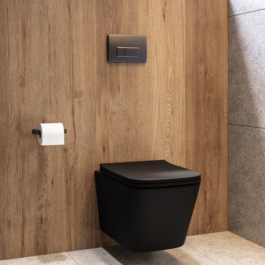 Matt Black Wall Hung Toilet with Soft Close Seat, Gunmetal Pneumatic Flush Plate, 1160mm Frame & Cistern - Albi
