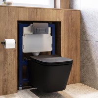Matt Black Wall Hung Toilet with Soft Close Seat, Gunmetal Pneumatic Flush Plate, 820mm Frame & Cistern - Albi Matt Black Wall Hung Toilet with Soft Close Seat, Gunmetal Pneumatic Flush Plate, 820mm Frame & Cistern - Albi