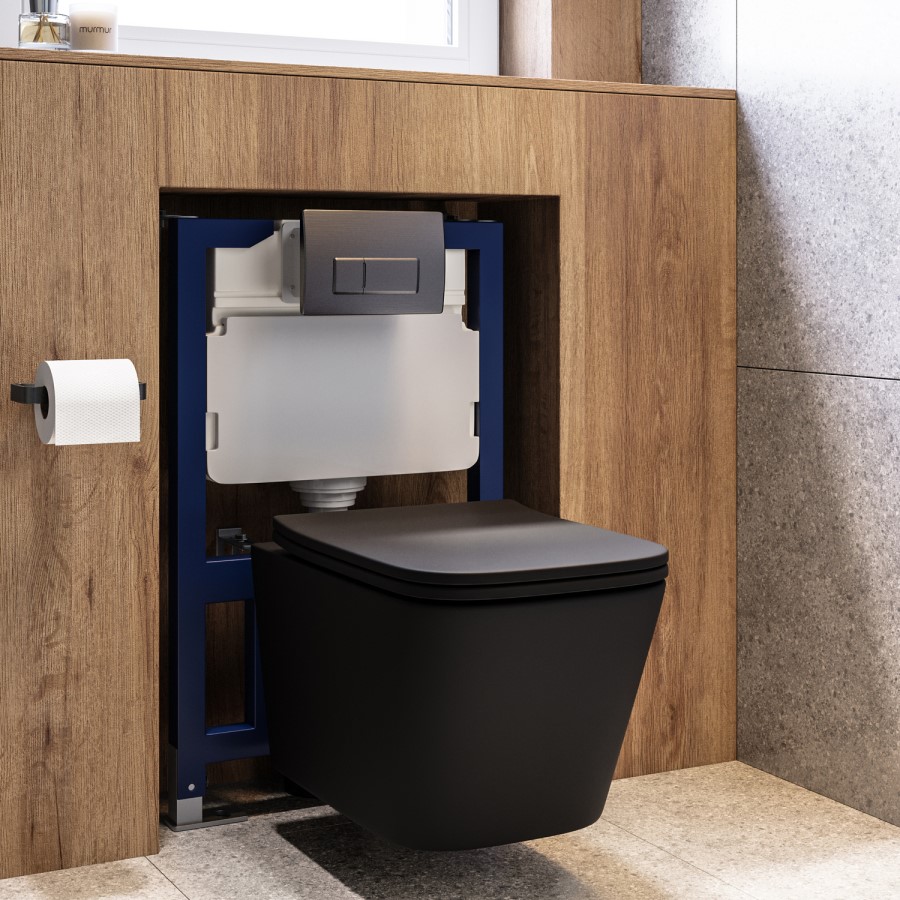 Matt Black Wall Hung Toilet with Soft Close Seat, Gunmetal Pneumatic Flush Plate, 820mm Frame & Cistern - Albi