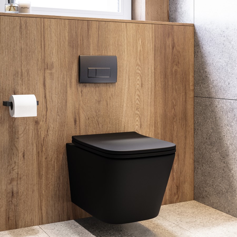 Matt Black Wall Hung Toilet with Soft Close Seat, Gunmetal Pneumatic Flush Plate, 820mm Frame & Cistern - Albi
