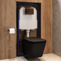 Matt Black Wall Hung Toilet with Soft Close Seat, Bronze Pneumatic Flush Plate, 1160mm Frame & Cistern - Albi Matt Black Wall Hung Toilet with Soft Close Seat, Bronze Pneumatic Flush Plate, 1160mm Frame & Cistern - Albi