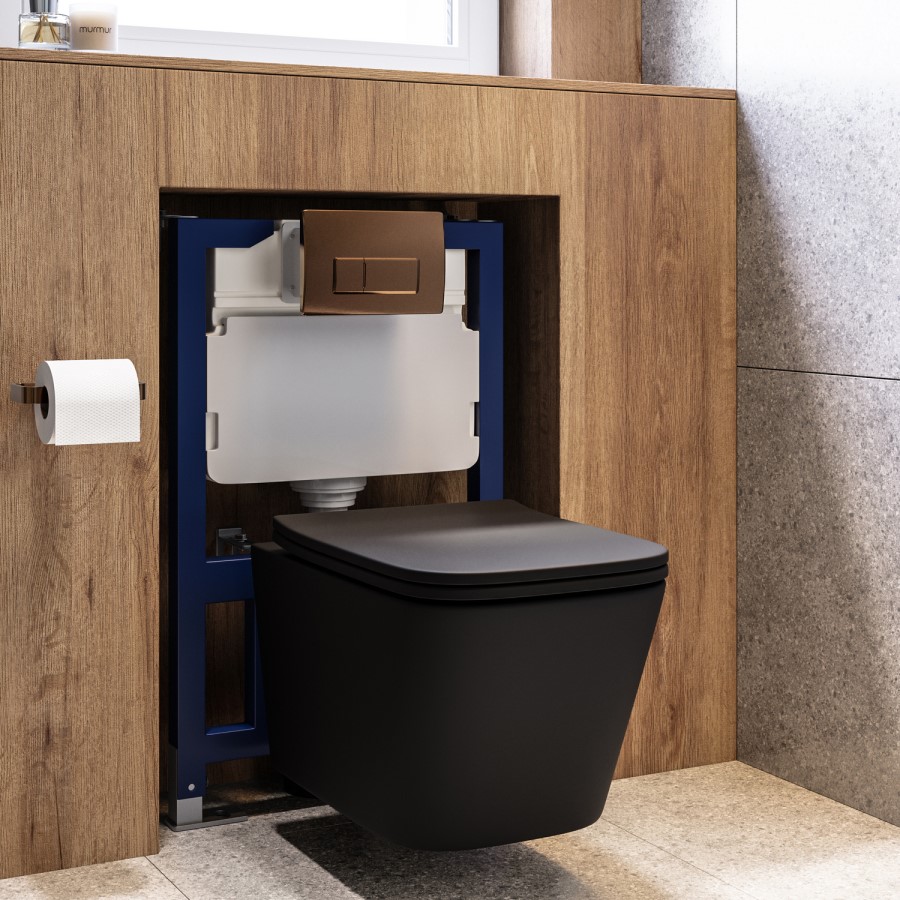 Matt Black Wall Hung Toilet with Soft Close Seat, Bronze Pneumatic Flush Plate, 820mm Frame & Cistern - Albi