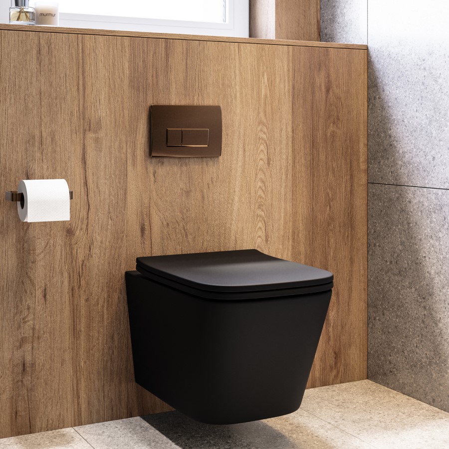 Matt Black Wall Hung Toilet with Soft Close Seat, Bronze Pneumatic Flush Plate, 820mm Frame & Cistern - Albi