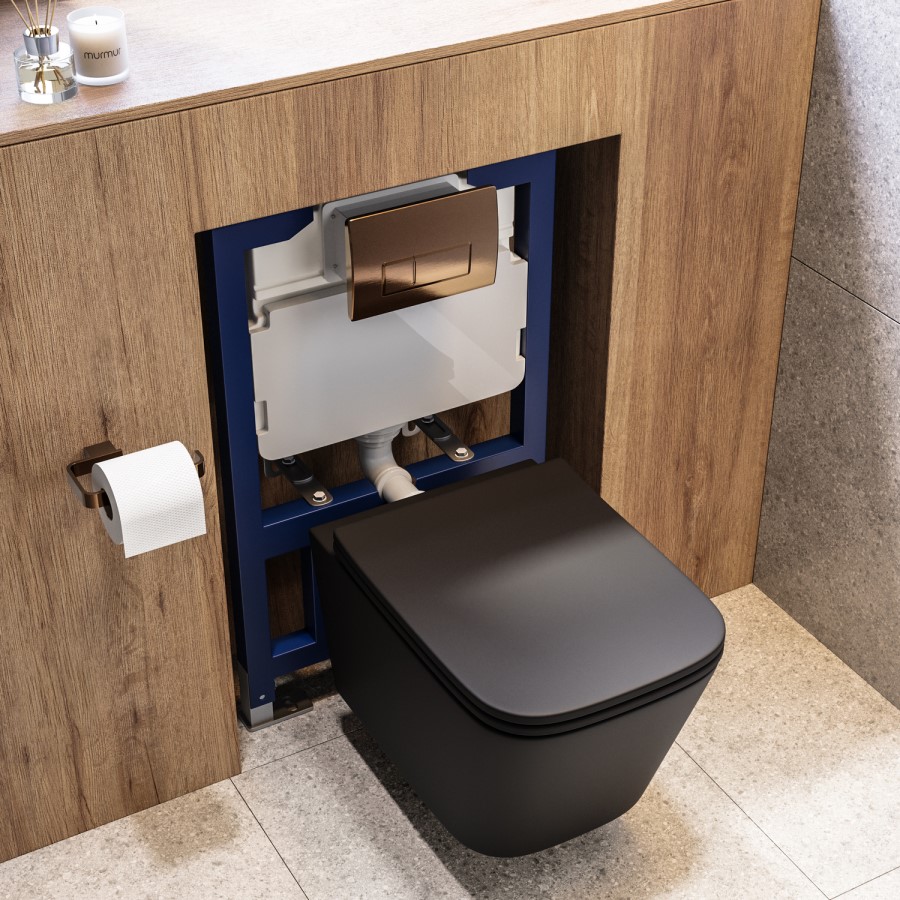 Matt Black Wall Hung Toilet with Soft Close Seat, Bronze Pneumatic Flush Plate, 820mm Frame & Cistern - Albi