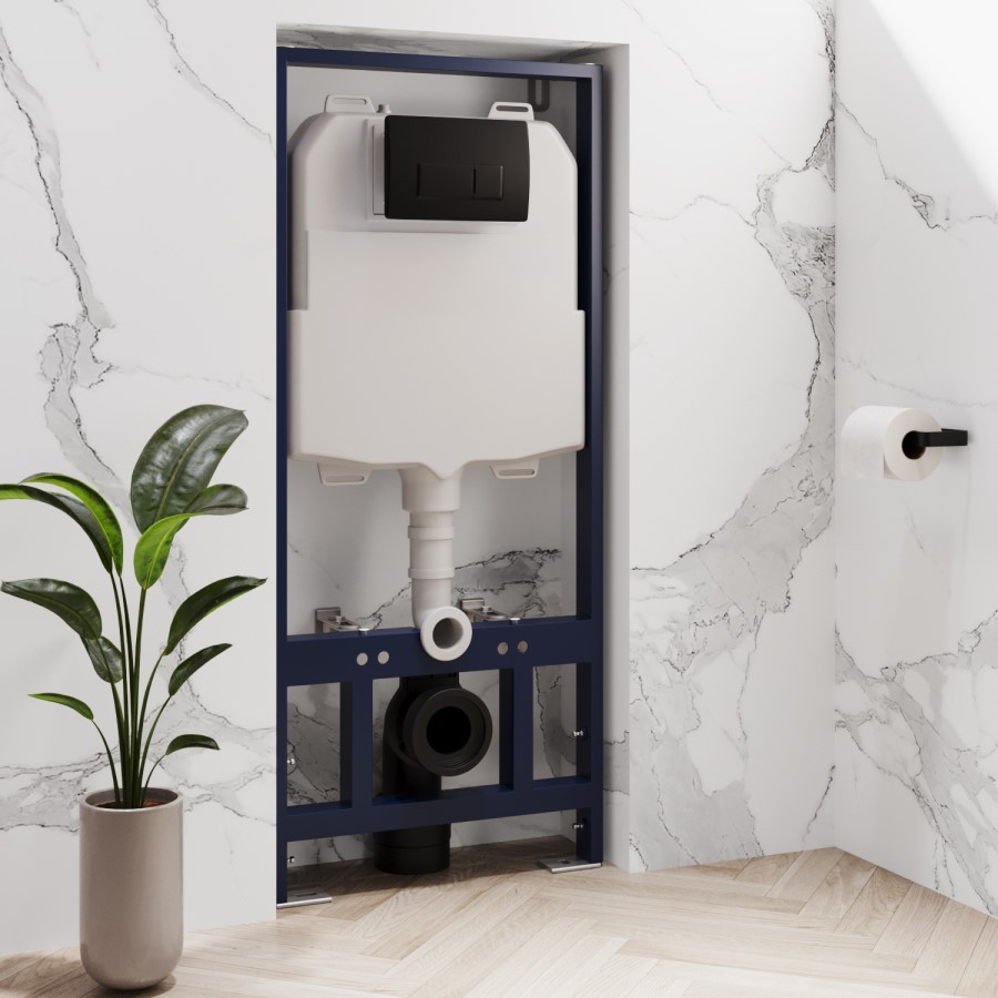 Wall Hung Toilet with Soft Close Seat, Pneumatic Black Flush Plate, 1168mm Frame & Cistern - Albi