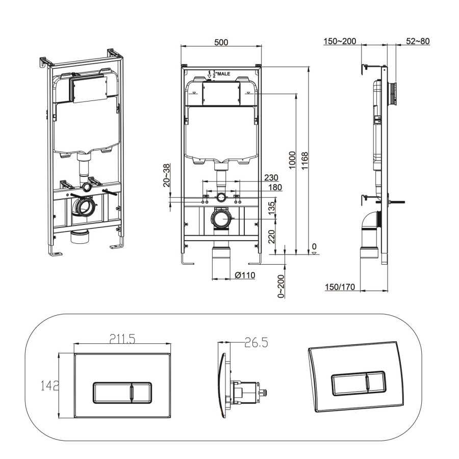 Wall Hung Toilet with Soft Close Seat, Pneumatic Black Flush Plate, 1168mm Frame & Cistern - Albi