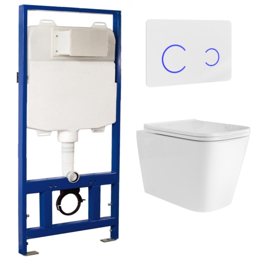 Wall Hung Toilet with Soft Close Seat, Black Glass Sensor Flush Plate, 1168mm Frame & Cistern - Albi