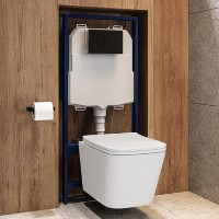 Wall Hung Toilet with Soft Close Seat, Mechanical Black Flush Plate, 1168mm Frame & Cistern - Albi