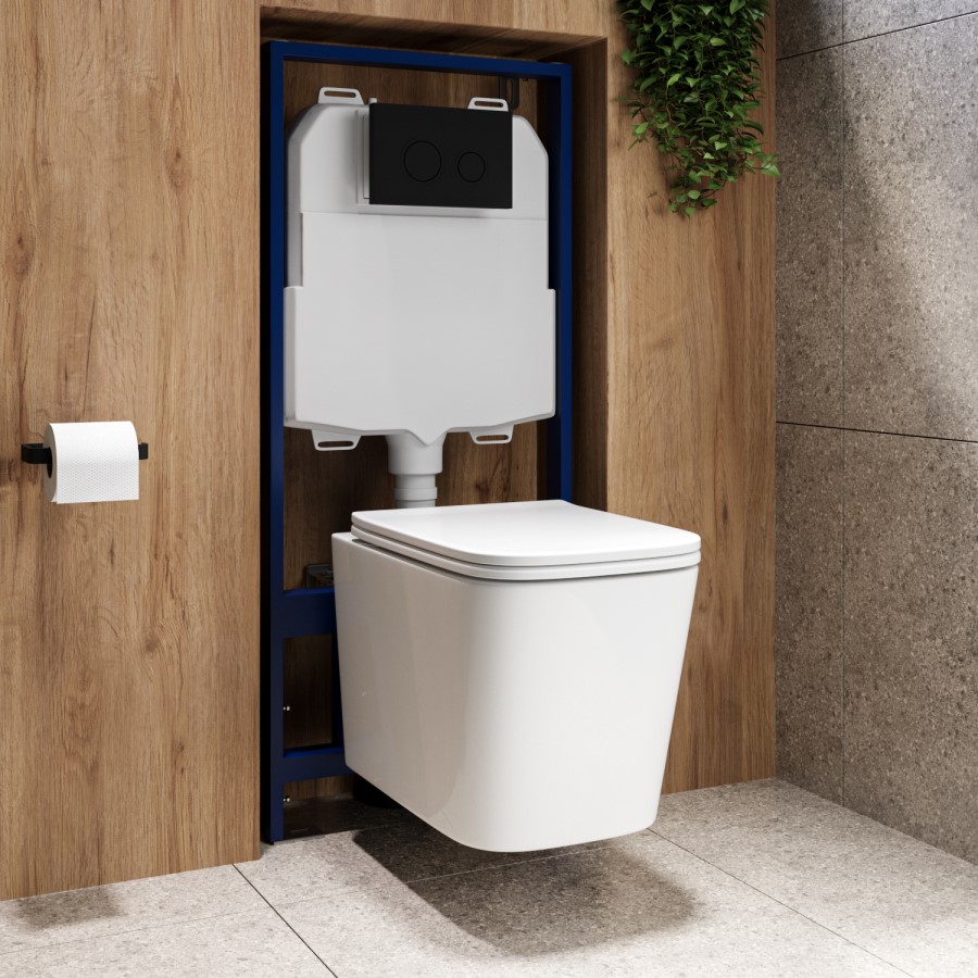 Wall Hung Toilet with Soft Close Seat, Mechanical Black Flush Plate, 1168mm Frame & Cistern - Albi