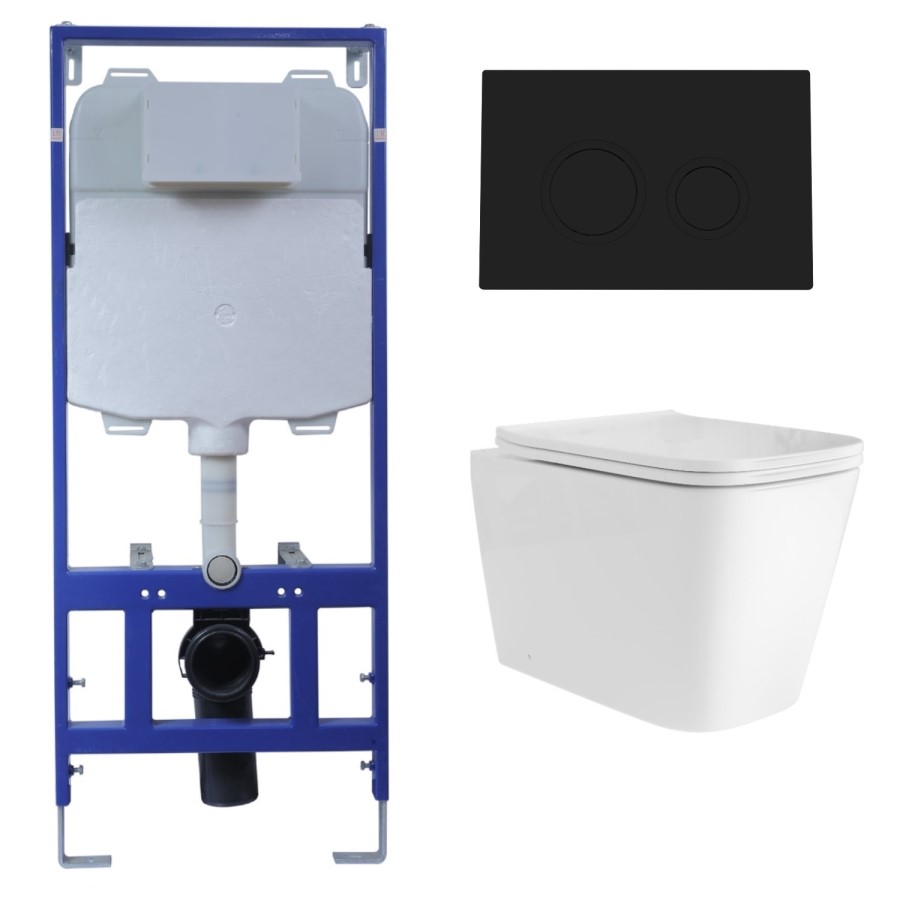 Wall Hung Toilet with Soft Close Seat, Mechanical Black Flush Plate, 1168mm Frame & Cistern - Albi