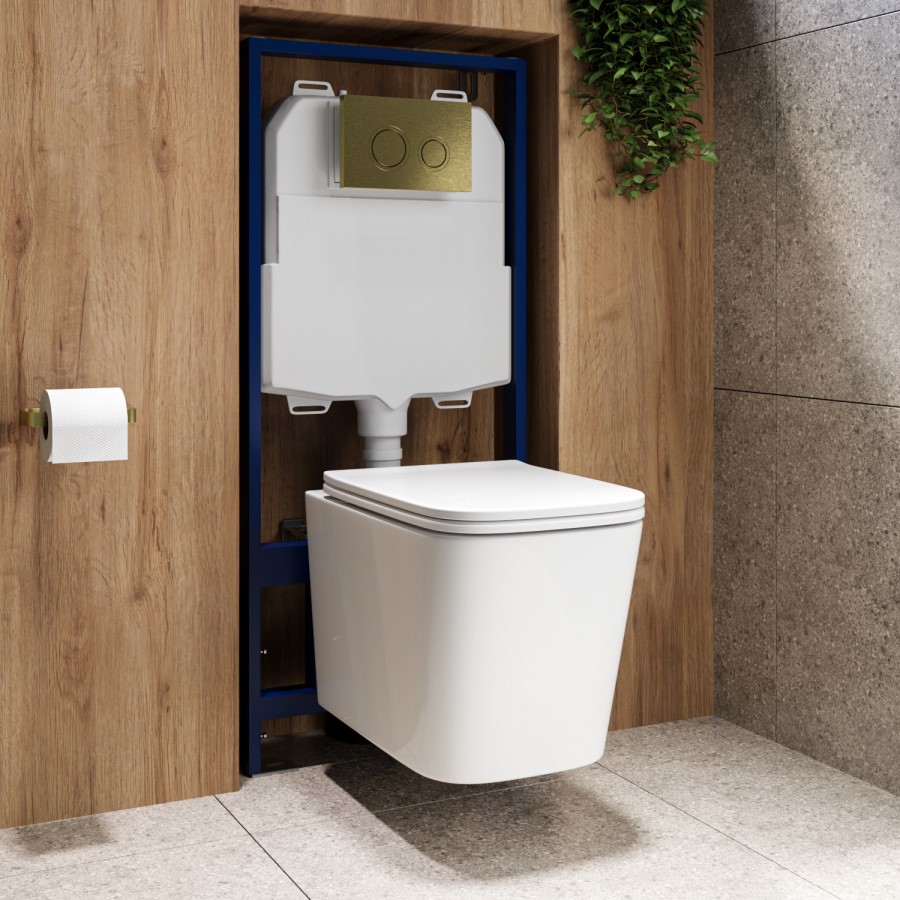 Wall Hung Toilet with Soft Close Seat, Mechanical Chrome Flush Plate, 1168mm Frame & Cistern - Albi