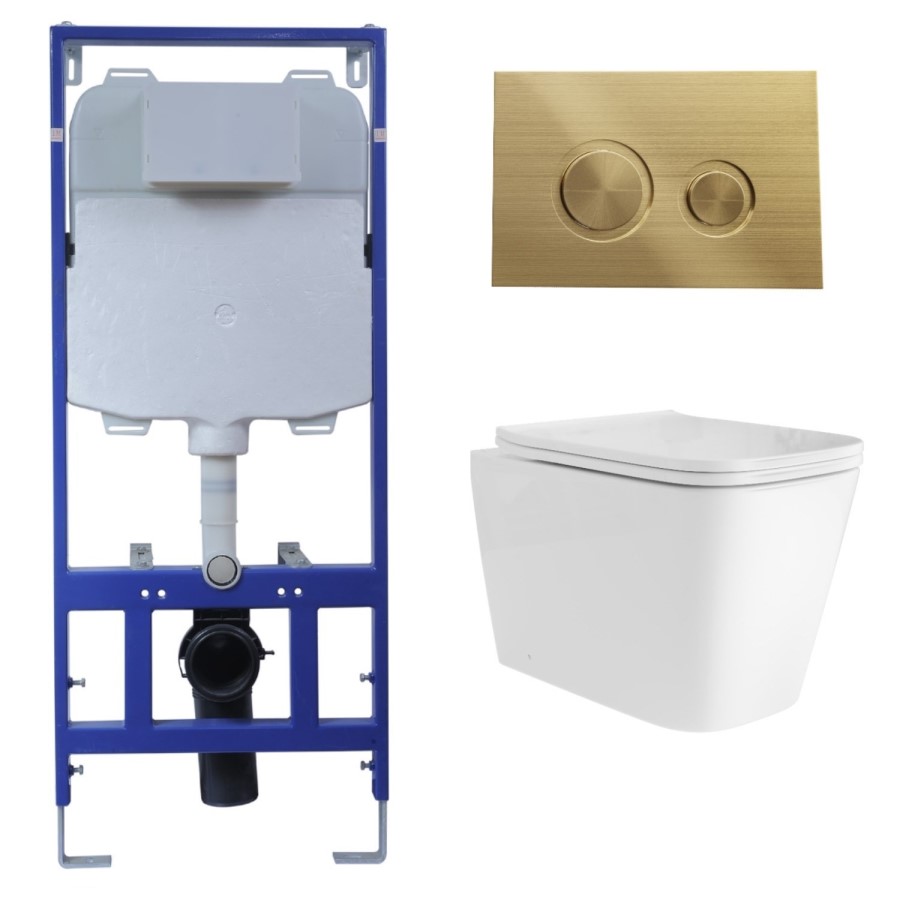 Wall Hung Toilet with Soft Close Seat, Mechanical Chrome Flush Plate, 1168mm Frame & Cistern - Albi