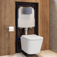 Wall Hung Toilet with Soft Close Seat, Mechanical Brushed Brass Flush Plate, 1168mm Frame & Cistern - Albi