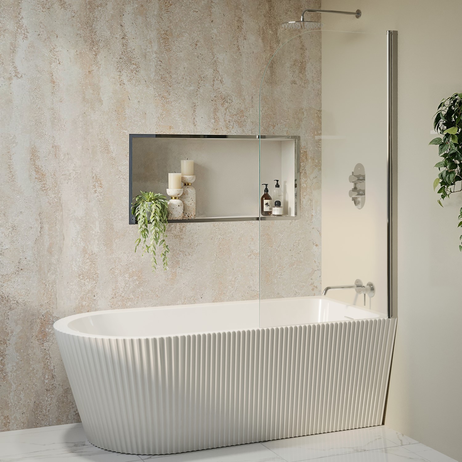 Amaro White Freestanding Single Ended Right Hand Fluted Corner Bath 1650 X 800Mm With Chrome Bath Screen