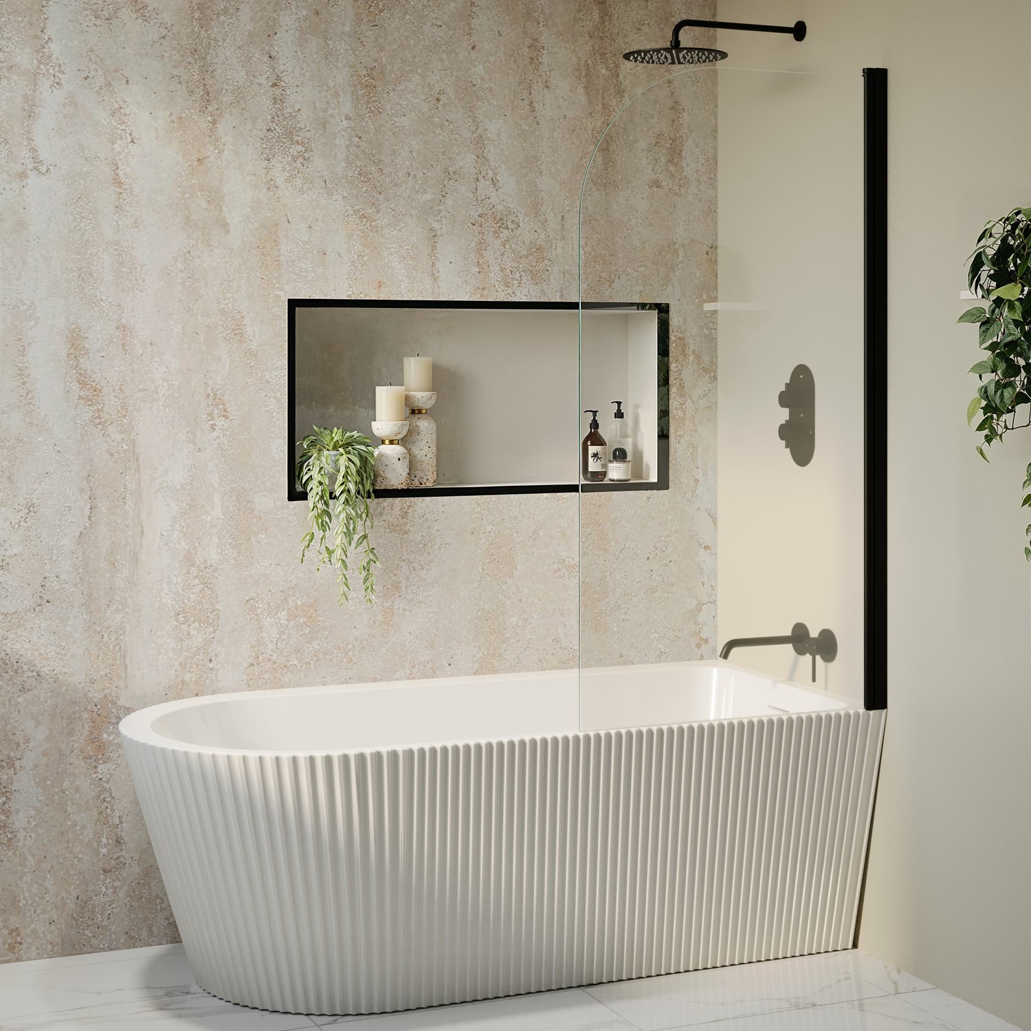 Amaro White Freestanding Single Ended Right Hand Fluted Corner Bath 1650 X 800Mm With Matt Black Bath Screen