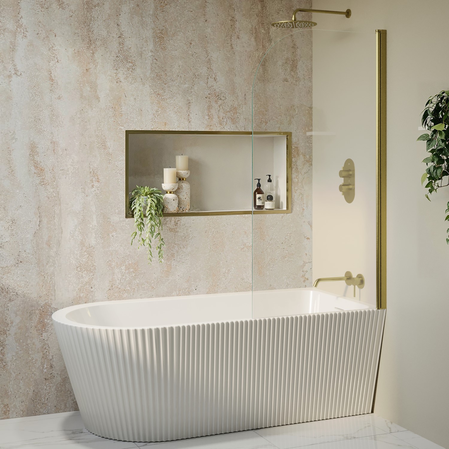 Amaro White Freestanding Single Ended Right Hand Fluted Corner Bath 1650 X 800Mm With Brushed Brass Bath Screen