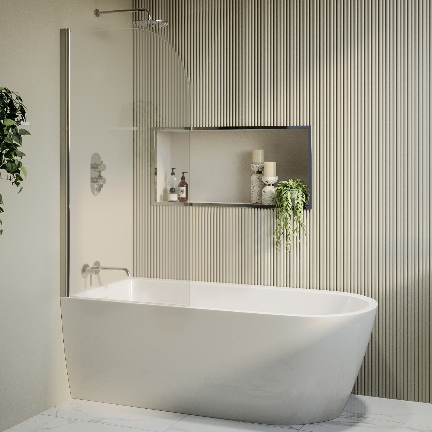 Amaro White Freestanding Shower Bath Single Ended Left Hand Corner With Chrome Bath Screen 1650 X 800Mm