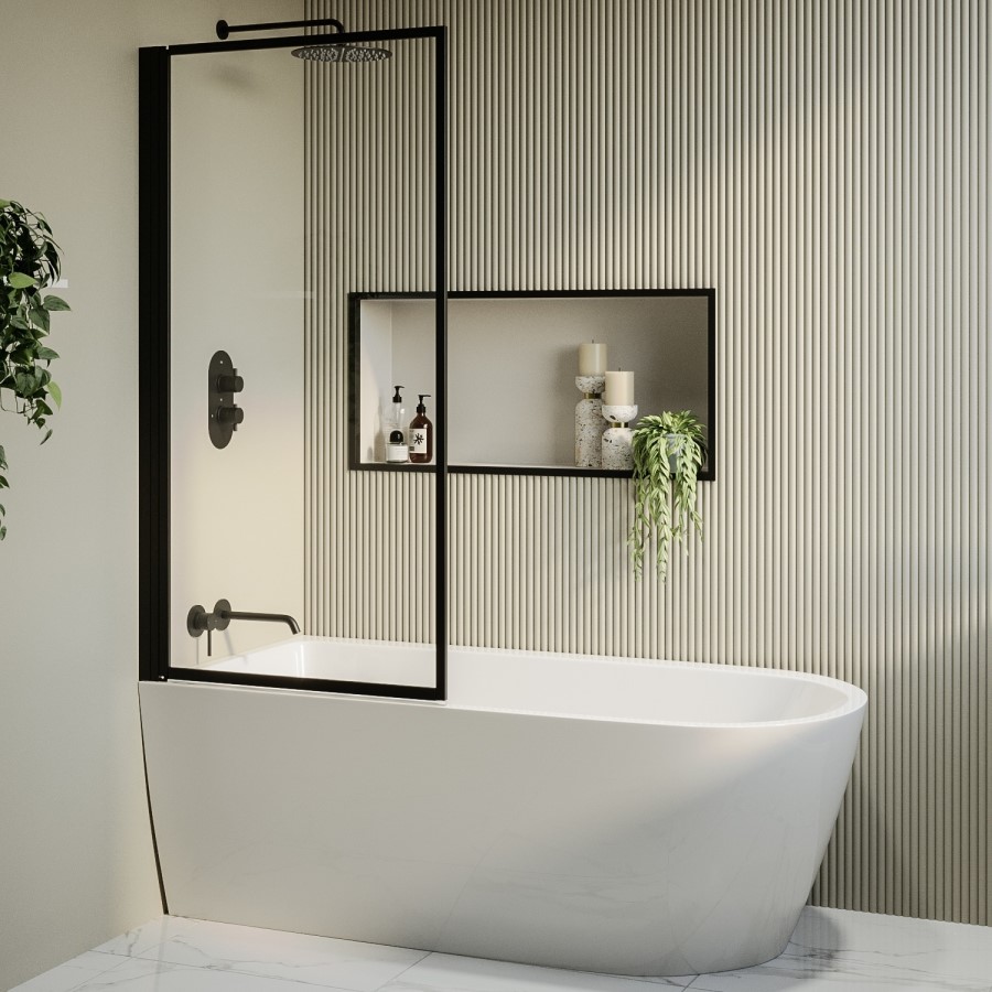 Grade A1 - Freestanding Single Ended Left Hand Corner Shower Bath with Black Bath Screen 1650 x 800mm - Amaro