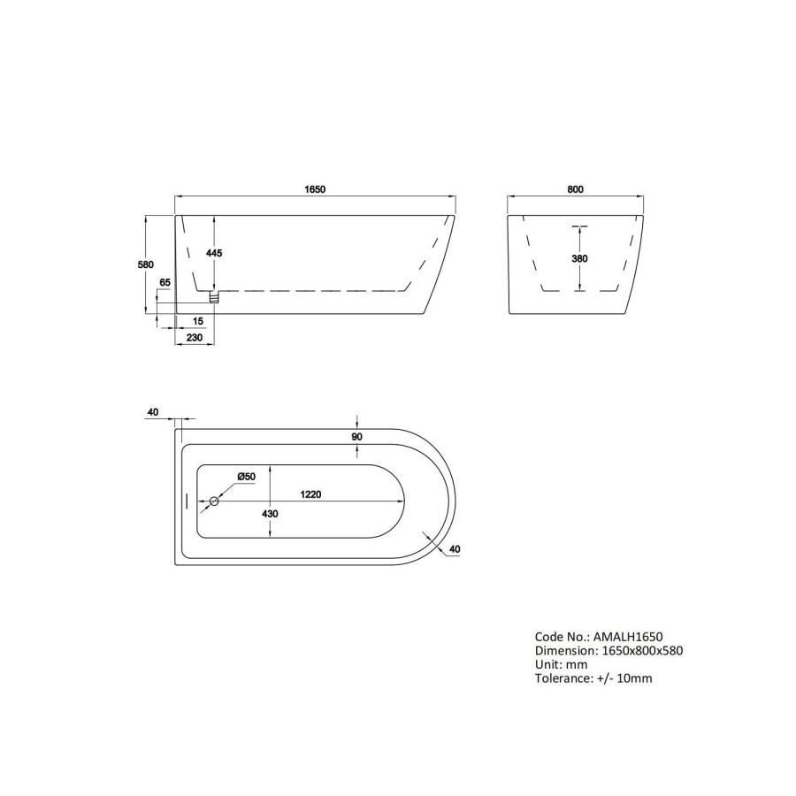 Grade A1 - Freestanding Single Ended Left Hand Corner Shower Bath with Black Bath Screen 1650 x 800mm - Amaro