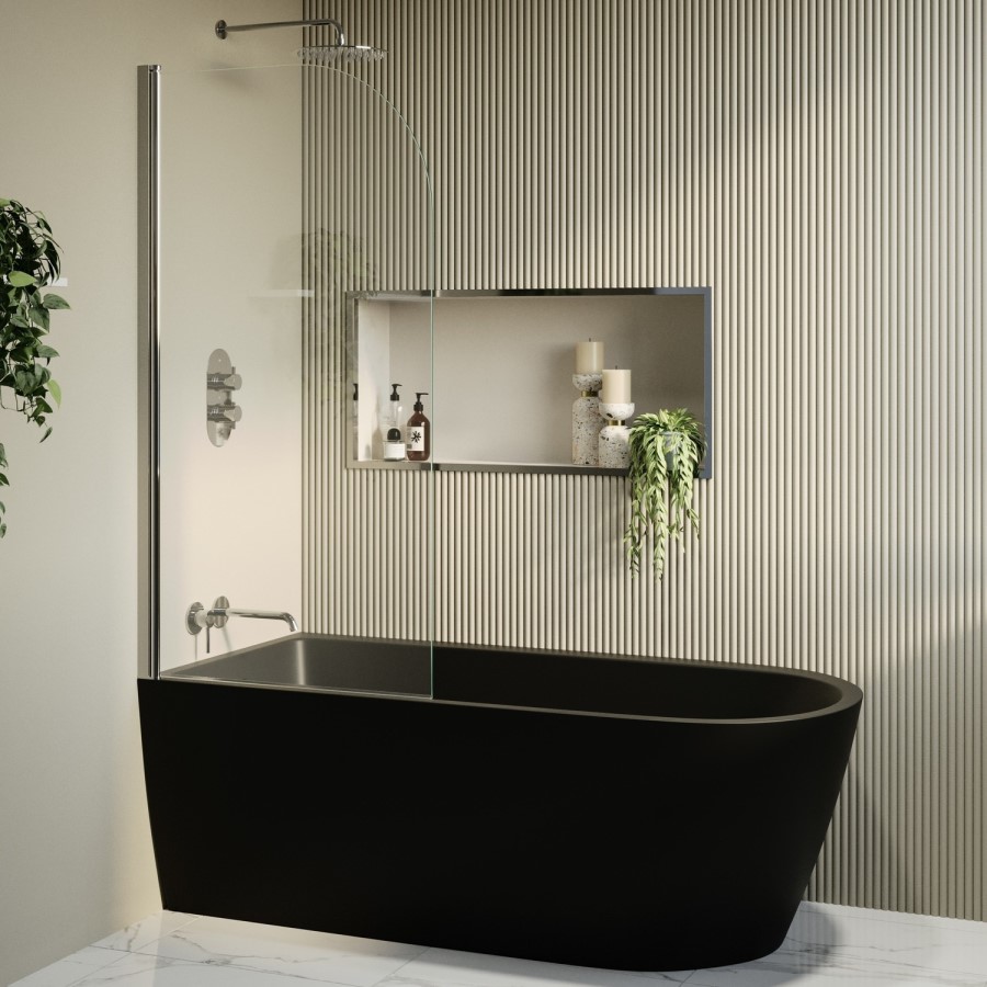 Matt Black Freestanding Shower Bath Single Ended Left Hand Corner with Chrome Bath Screen 1650 x 800mm - Amaro