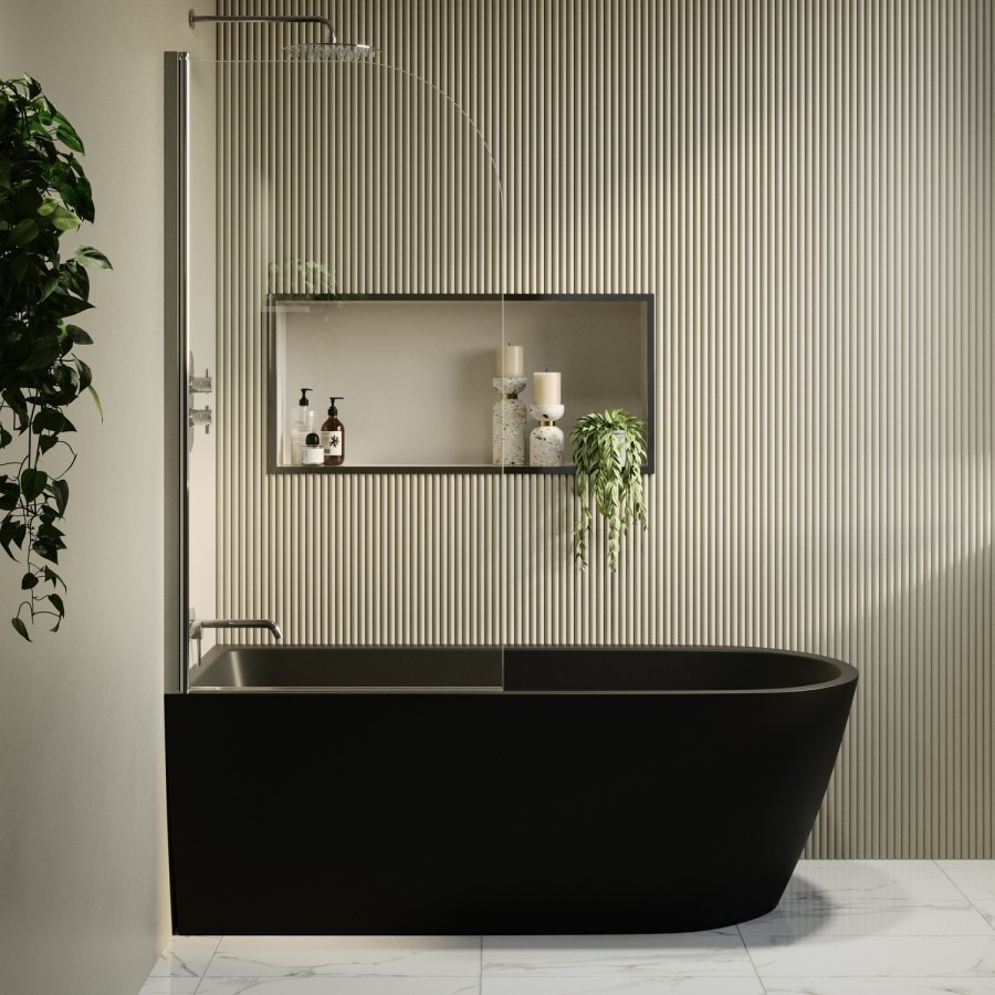 Matt Black Freestanding Shower Bath Single Ended Left Hand Corner with Chrome Bath Screen 1650 x 800mm - Amaro