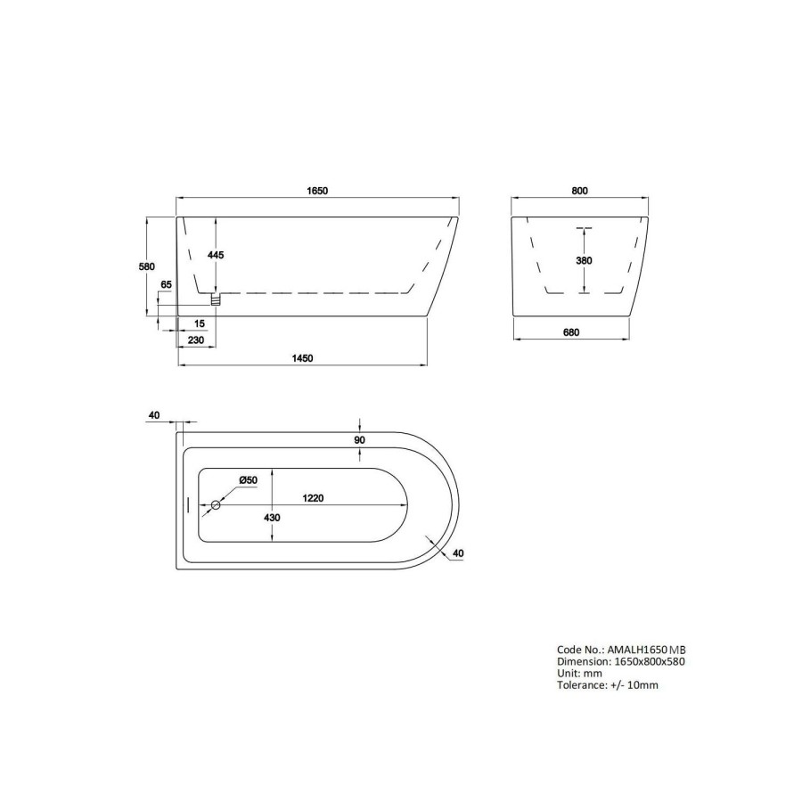 Matt Black Freestanding Single Ended Left Hand Corner Bath 1650 x 800mm - Amaro