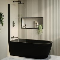 Matt Black Freestanding Shower Bath Single Ended Left Hand Corner with Black Bath Screen 1650 x 800mm - Amaro Matt Black Freestanding Shower Bath Single Ended Left Hand Corner with Black Bath Screen 1650 x 800mm - Amaro