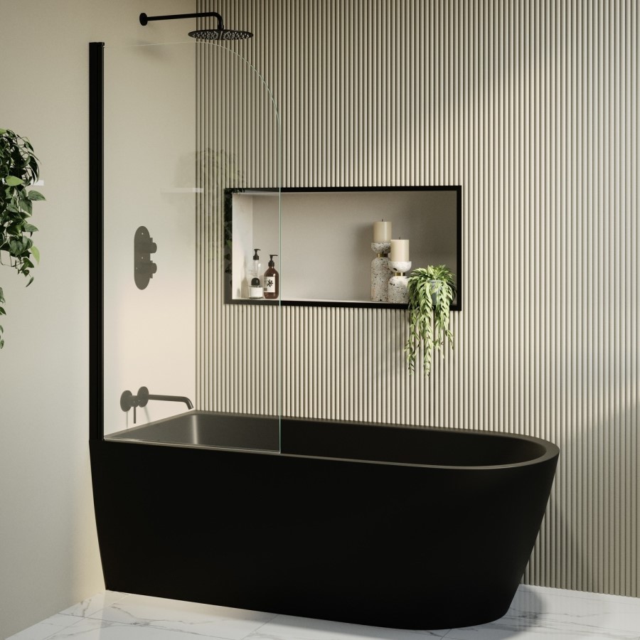 Matt Black Freestanding Shower Bath Single Ended Left Hand Corner with Black Bath Screen 1650 x 800mm - Amaro