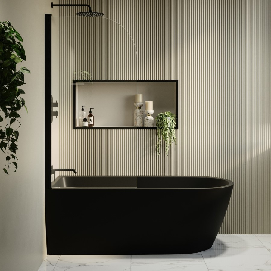 Matt Black Freestanding Shower Bath Single Ended Left Hand Corner with Black Bath Screen 1650 x 800mm - Amaro