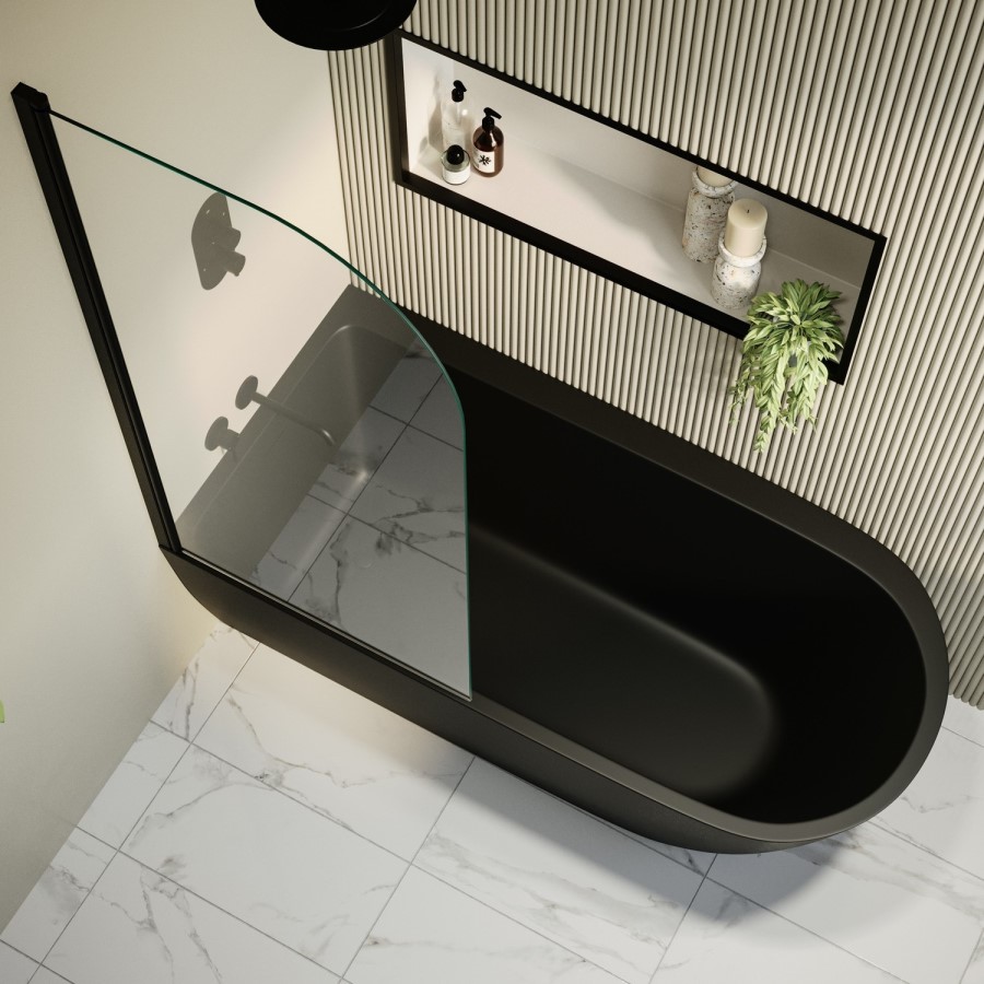 Matt Black Freestanding Shower Bath Single Ended Left Hand Corner with Black Bath Screen 1650 x 800mm - Amaro