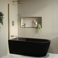 Matt Black Freestanding Shower Bath Single Ended Left Hand Corner with Brass Bath Screen 1650 x 800mm - Amaro Matt Black Freestanding Shower Bath Single Ended Left Hand Corner with Brass Bath Screen 1650 x 800mm - Amaro