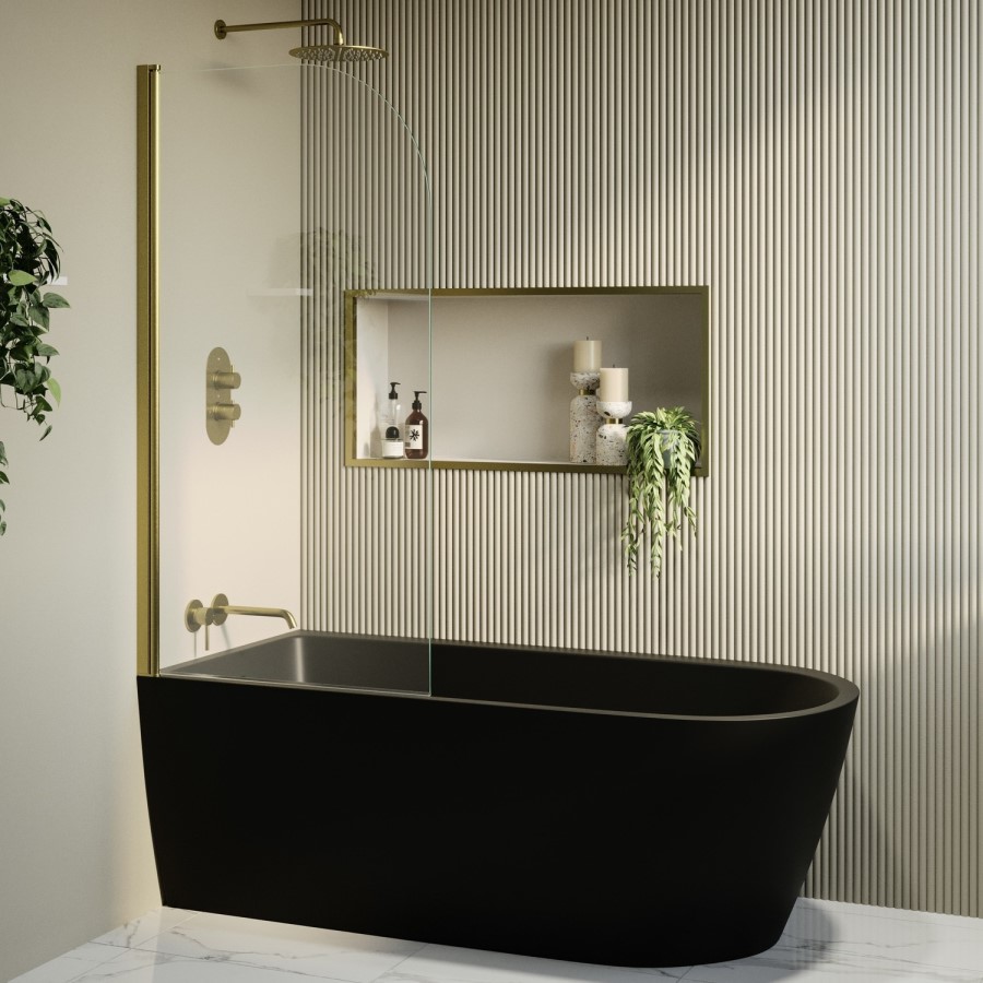Matt Black Freestanding Shower Bath Single Ended Left Hand Corner with Brass Bath Screen 1650 x 800mm - Amaro