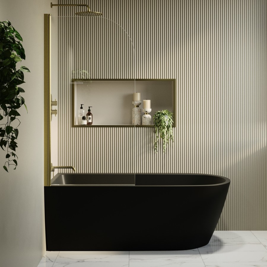 Matt Black Freestanding Shower Bath Single Ended Left Hand Corner with Brass Bath Screen 1650 x 800mm - Amaro